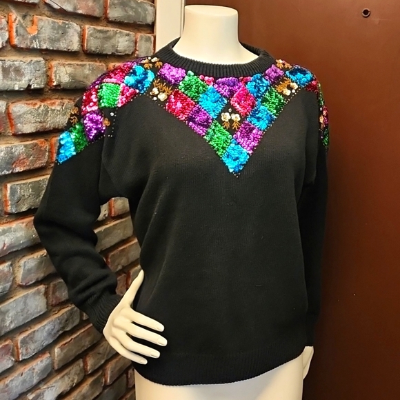 Jessica Steven's Crew Neck Sequins Long Sleeve Black Sweater Colorful - Picture 2 of 7